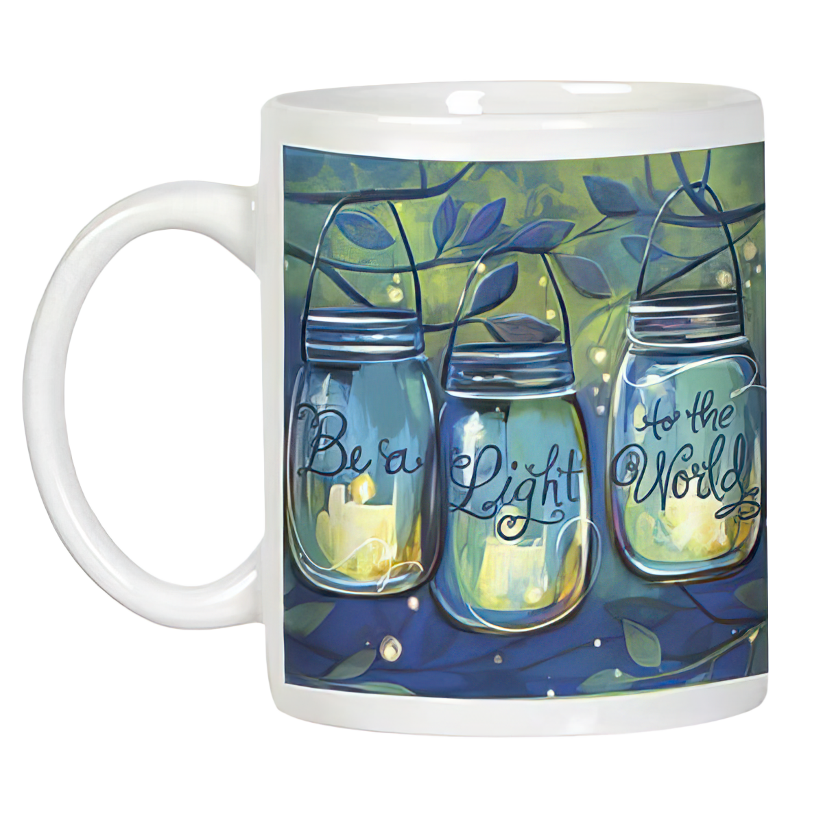 Inspirational white mug with a full-wrap design featuring three glowing mason jars and the phrase 'Be a Light to the World'.