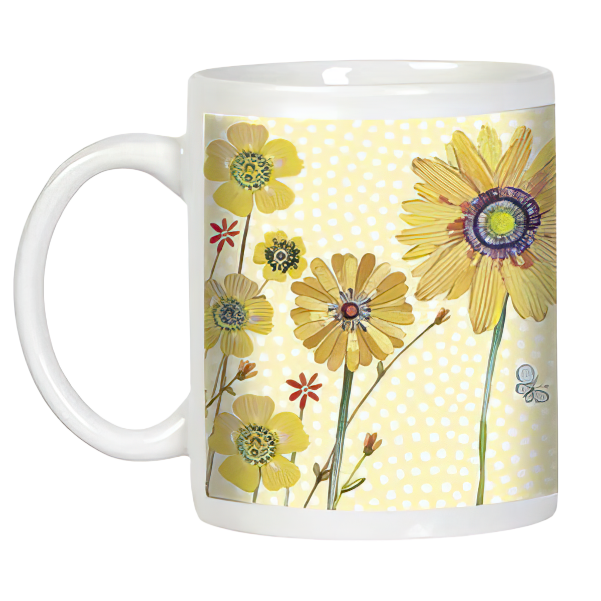 White ceramic mug featuring a field of varied yellow flowers with polka dots and a blue striped accent.
