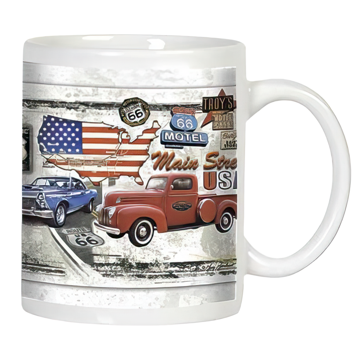 Route 66 design with red pickup and blue car