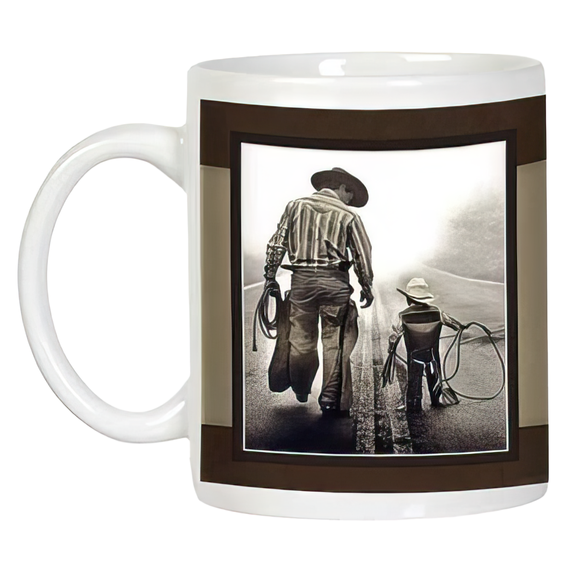 White coffee mug featuring an artistic sepia image of a father figure and child cowboy walking on a path, with lassos.