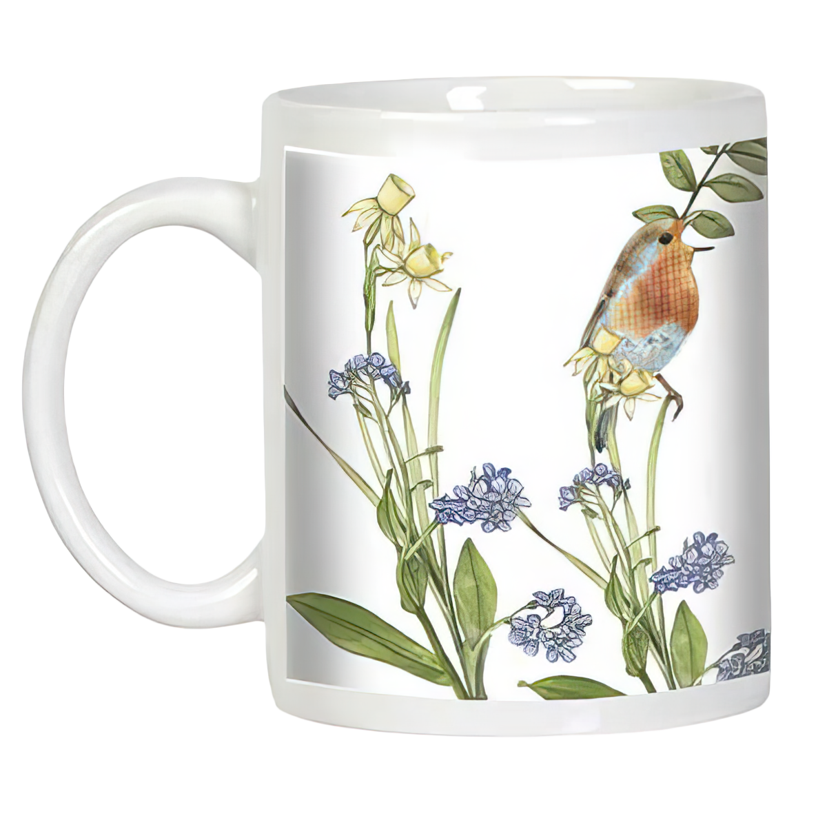 White ceramic mug with a watercolor robin on yellow daffodils and blue forget-me-nots, surrounded by green foliage.