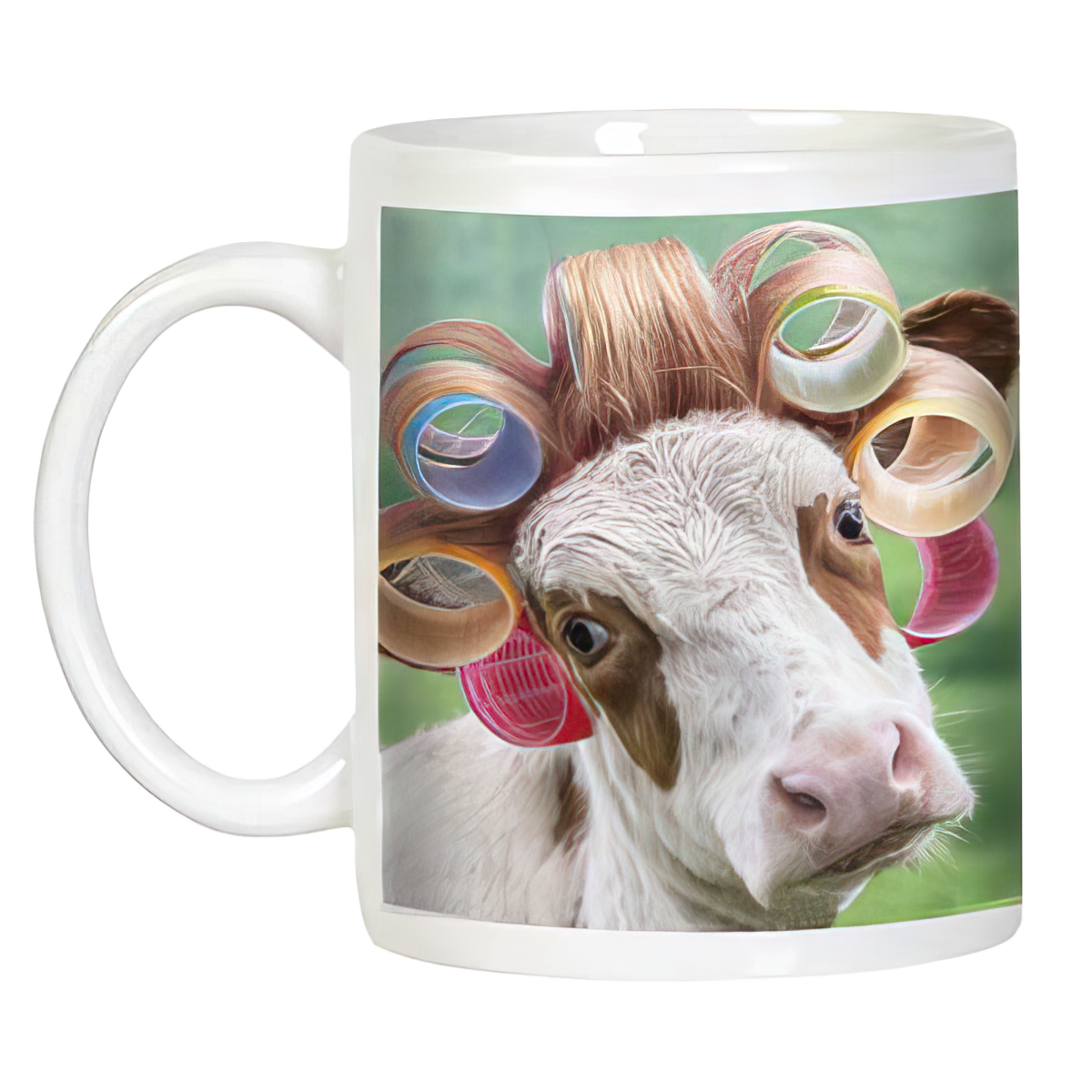 Angled view of a white ceramic mug with a funny image of a cow in curlers, ready for a relatable morning laugh.