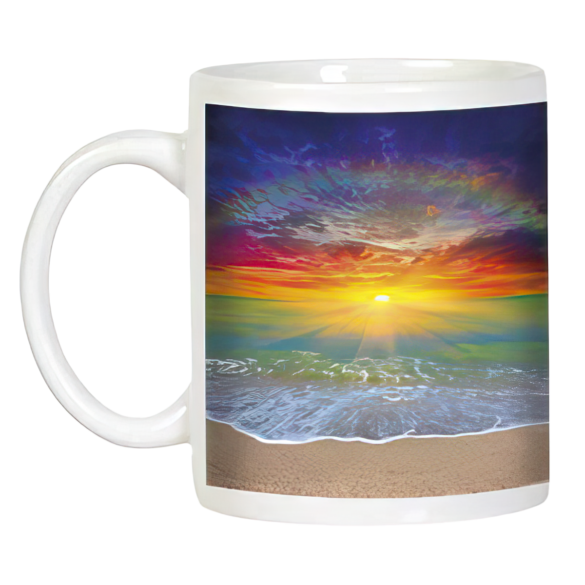 White ceramic mug showcasing a stunning beach sunset with rich colors, sun rays, ocean waves, and sand, front view.