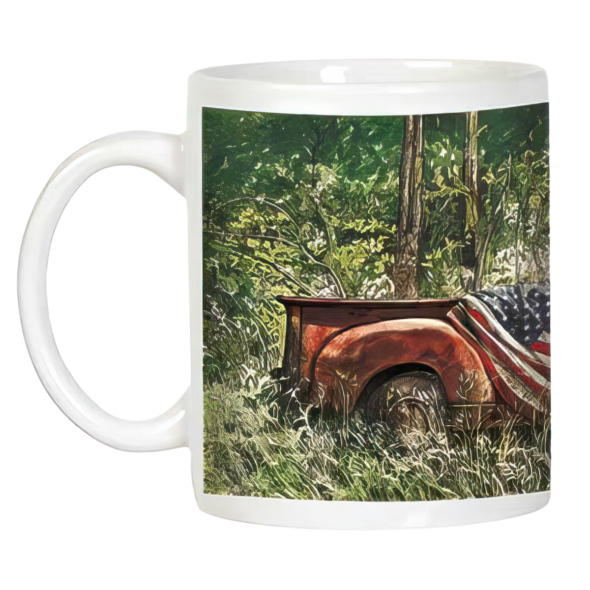 Rear view of the rustic red classic pick-up truck with American flag in the bed, parked in tall grass on a white mug.