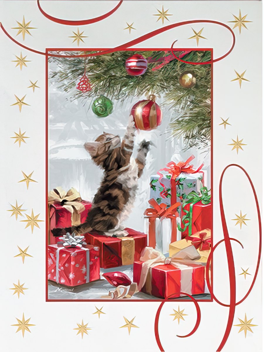 Kitten playing with ornament Embossed Christmas Card