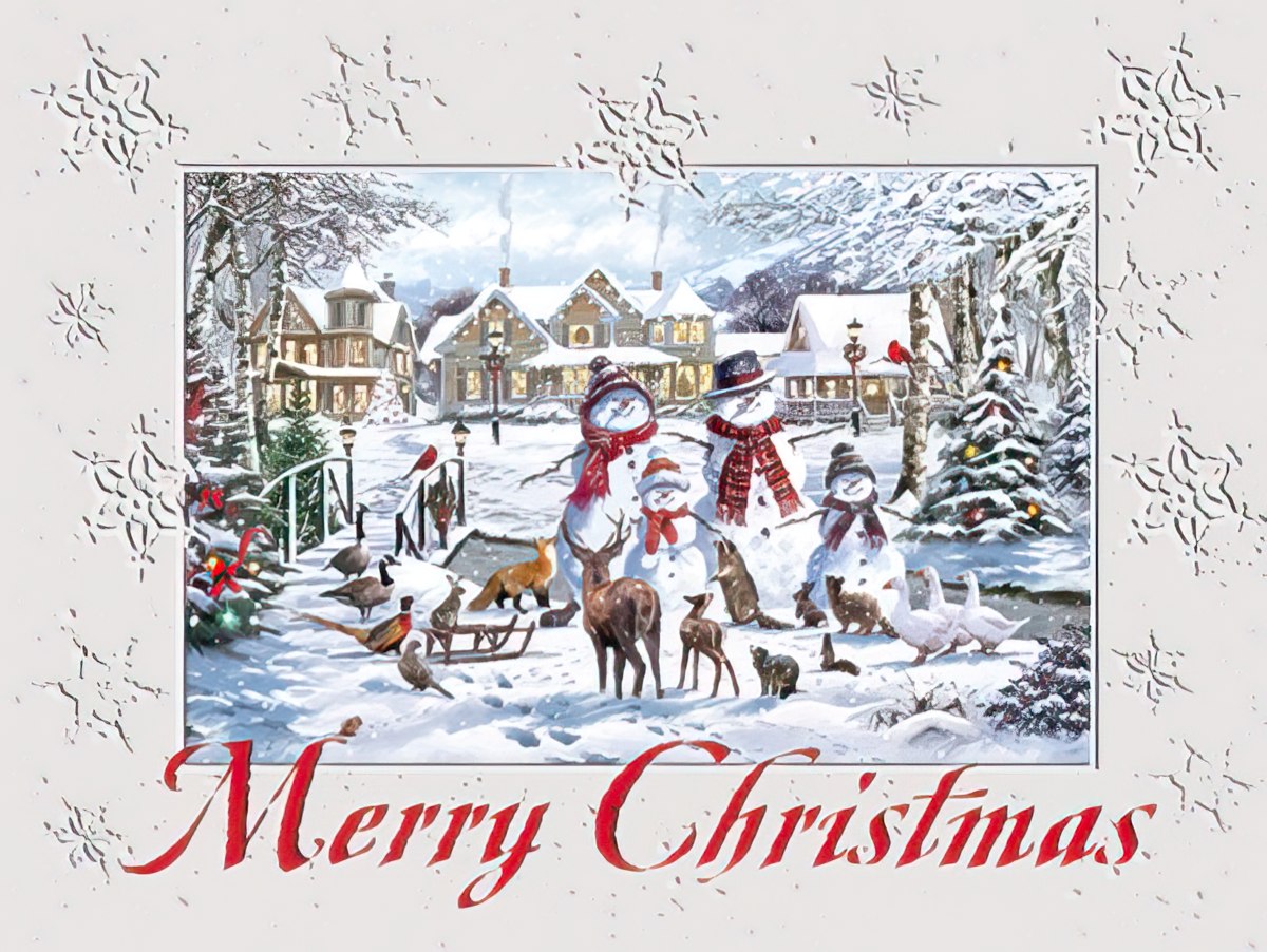 Snowman family with wildlife Christmas Embossed Card