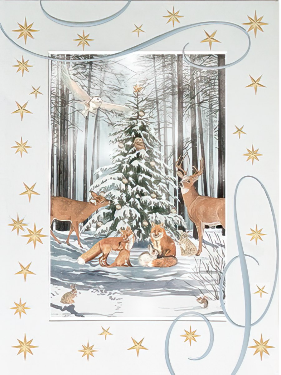 Wildlife gathered at tree Christmas Embossed Card