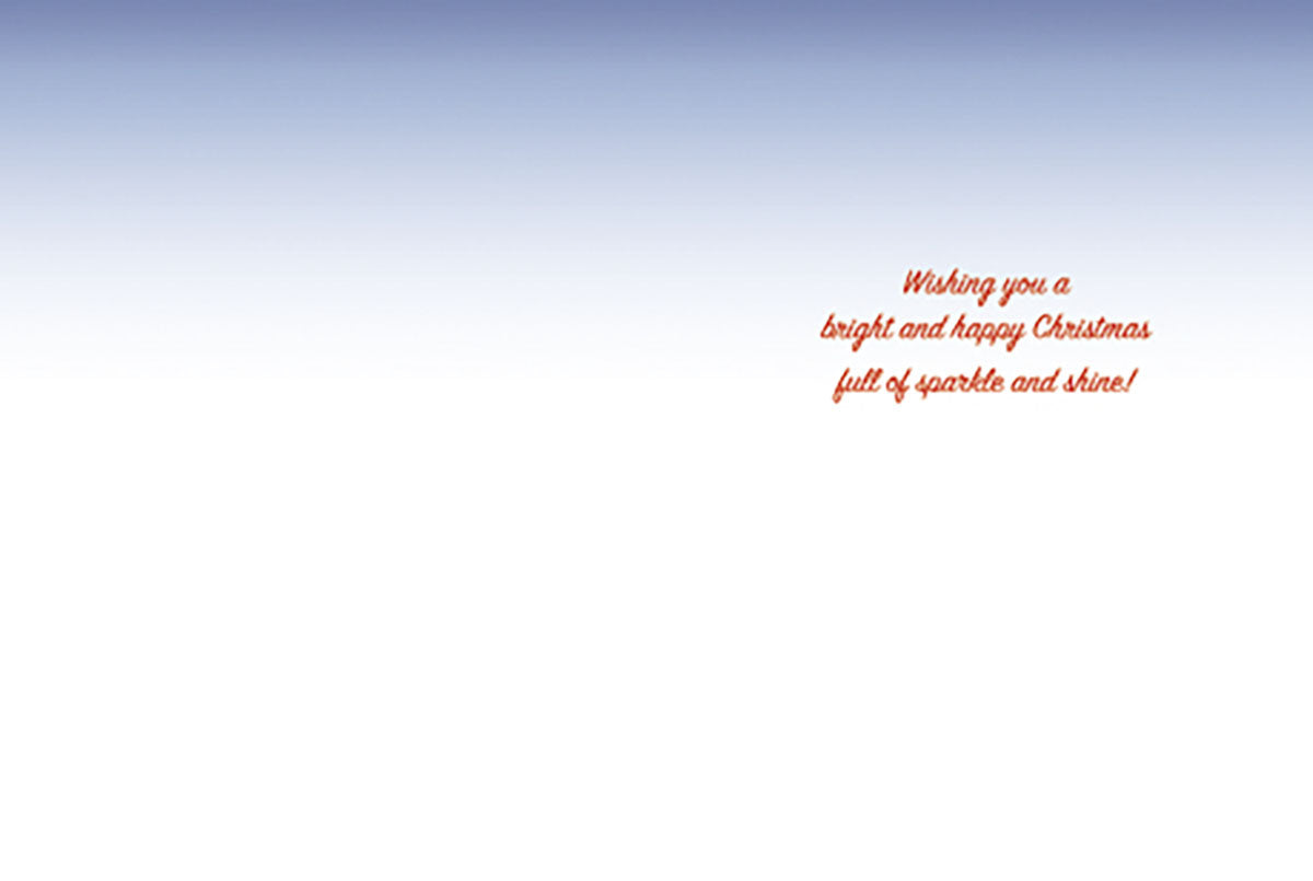 Inside of a Christmas greeting card with a simple holiday message: 'Wishing you a bright and happy Christmas full of sparkle and shine!'