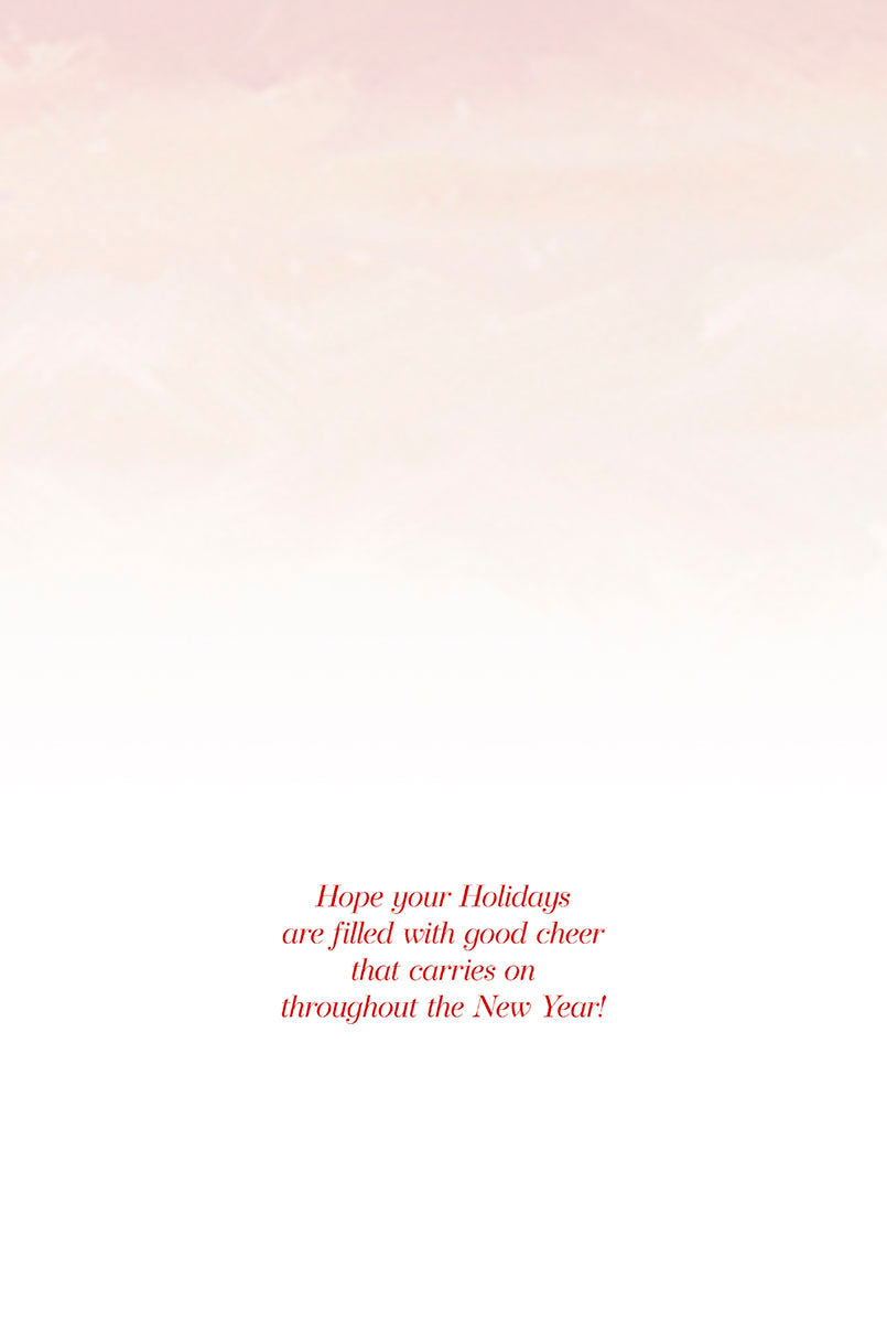 Christmas card inside: Light pink wash at top with red text 'Hope your Holidays are filled with good cheer that carries on throughout the New Year!'