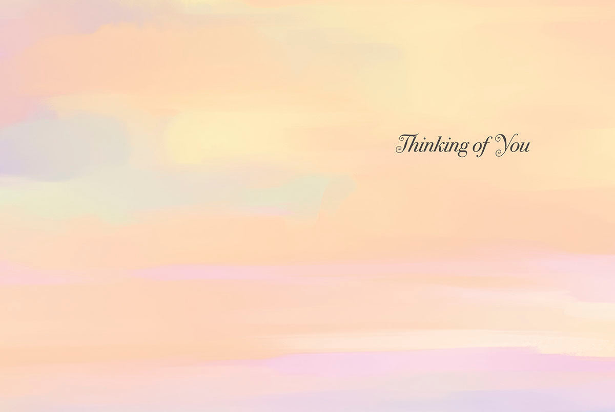 Inside of an encouragement greeting card, showing a soft pastel abstract background with the simple, heartfelt message 'Thinking of You'.