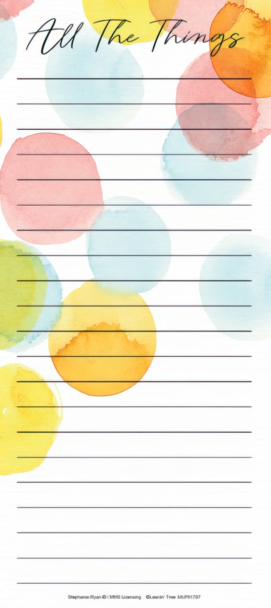 Magnetic listpad with 'All the Things' title and vibrant watercolor circles. Perfect for organizing tasks, shopping lists, and notes on the fridge.