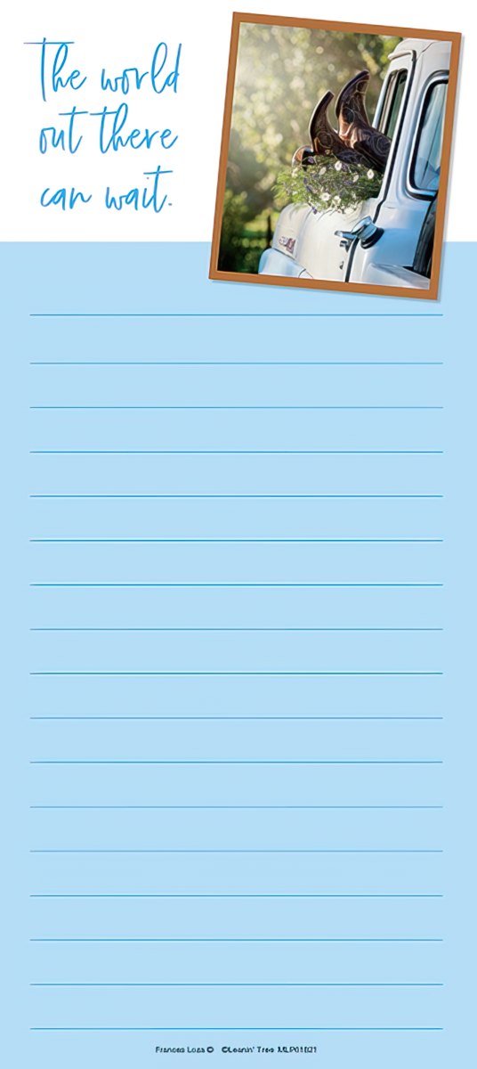 Magnetic list pad featuring a vintage white truck with cowboy boots and flowers in the bed, next to text 'The world out there can wait.'
