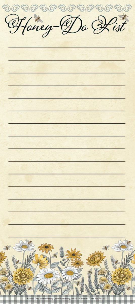 Vertical magnetic list pad titled 'Honey-Do List' with a decorative border, lined paper, and a bottom border of colorful flowers and bees.