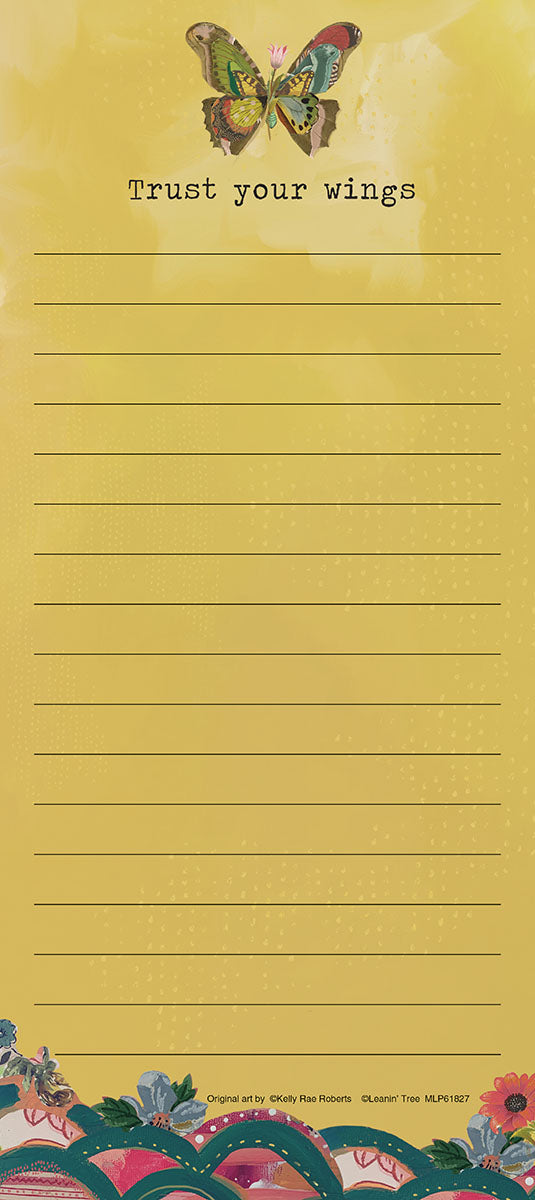 Yellow magnetic list pad with a colorful butterfly and "Trust your wings" text, featuring lined pages and decorative border.