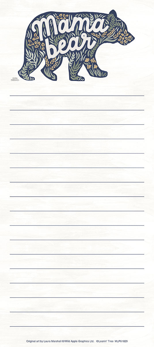 Mama Bear Floral Magnetic List Pad on a white background with ruled lines for notes, tasks, or shopping lists.