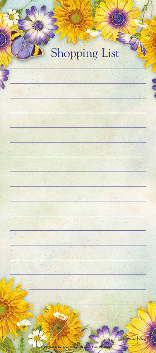 Magnetic shopping list pad with a vibrant floral border of yellow sunflowers, purple daisies, and a blue butterfly. Features lined paper.