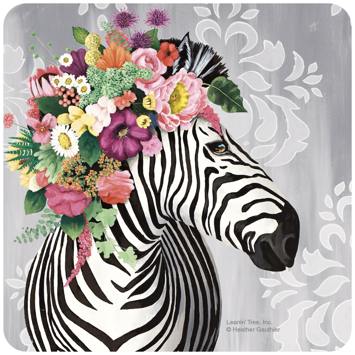 Greeting card featuring a stylish zebra with black and white stripes, adorned with a vibrant crown of pink, red, yellow, and purple wildflowers against a gray background.