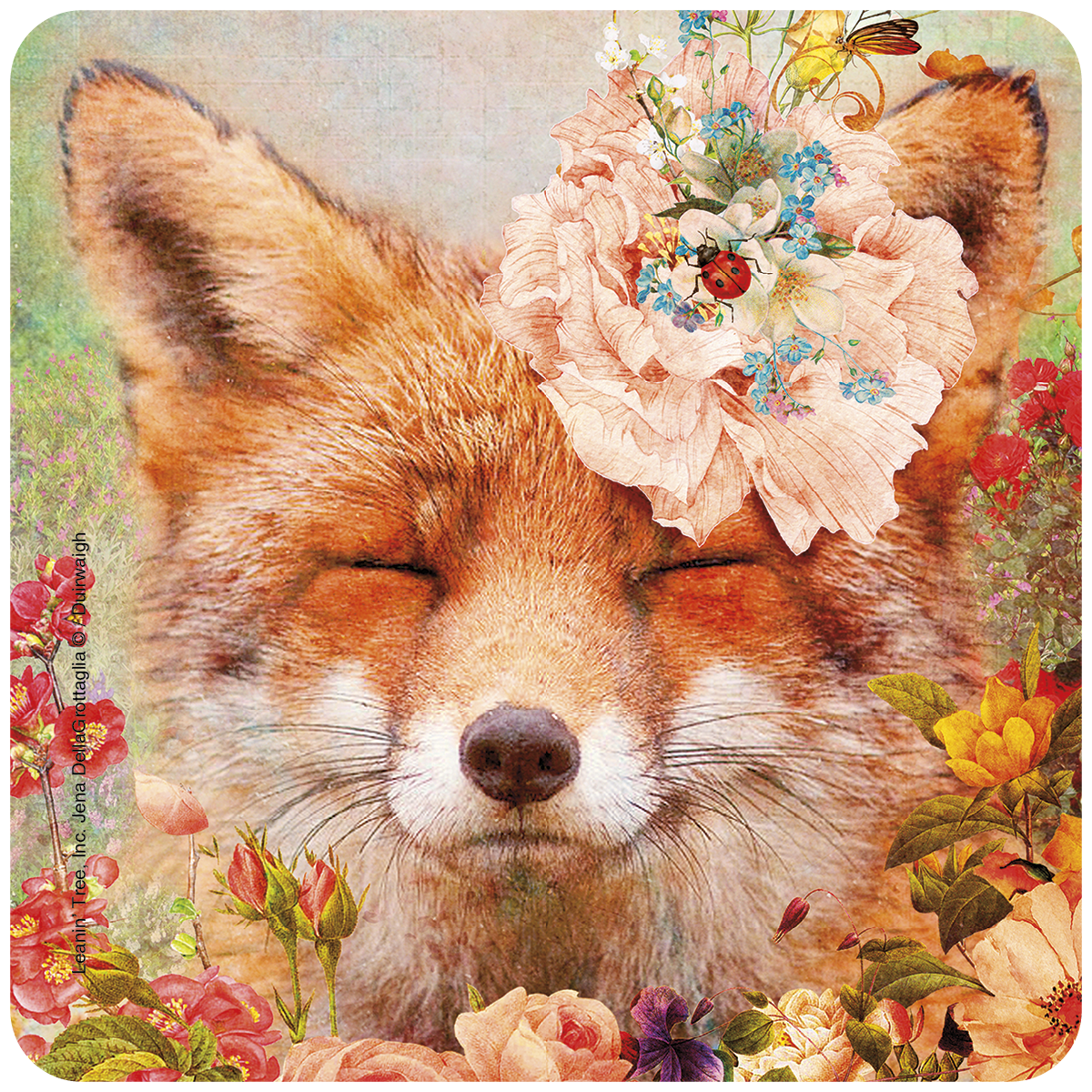 Close-up of a serene fox with eyes closed, adorned with a large pink peony, blue forget-me-nots, and a ladybug, surrounded by colorful flowers for Christmas.