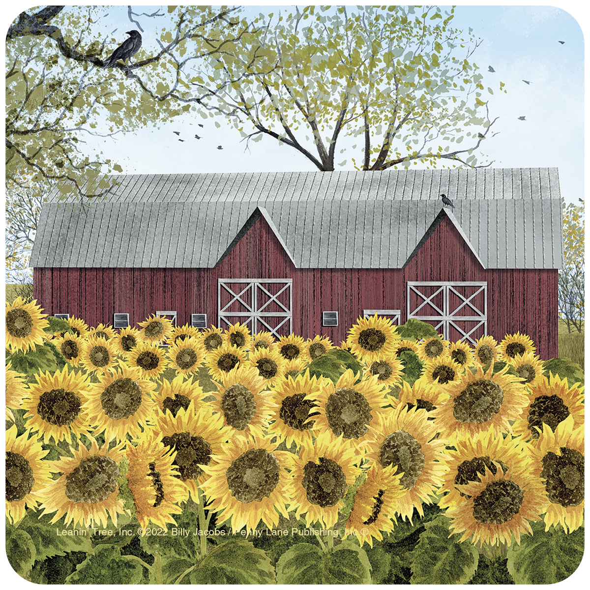 Vibrant watercolor painting of a red barn surrounded by a vast field of bright yellow sunflowers under a clear blue sky.
