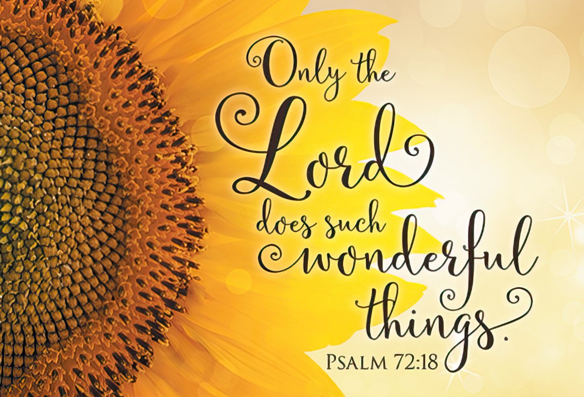 Vibrant sunflower magnet with 'Only the Lord does such wonderful things. Psalm 72:18' in elegant script against a sunny yellow background.