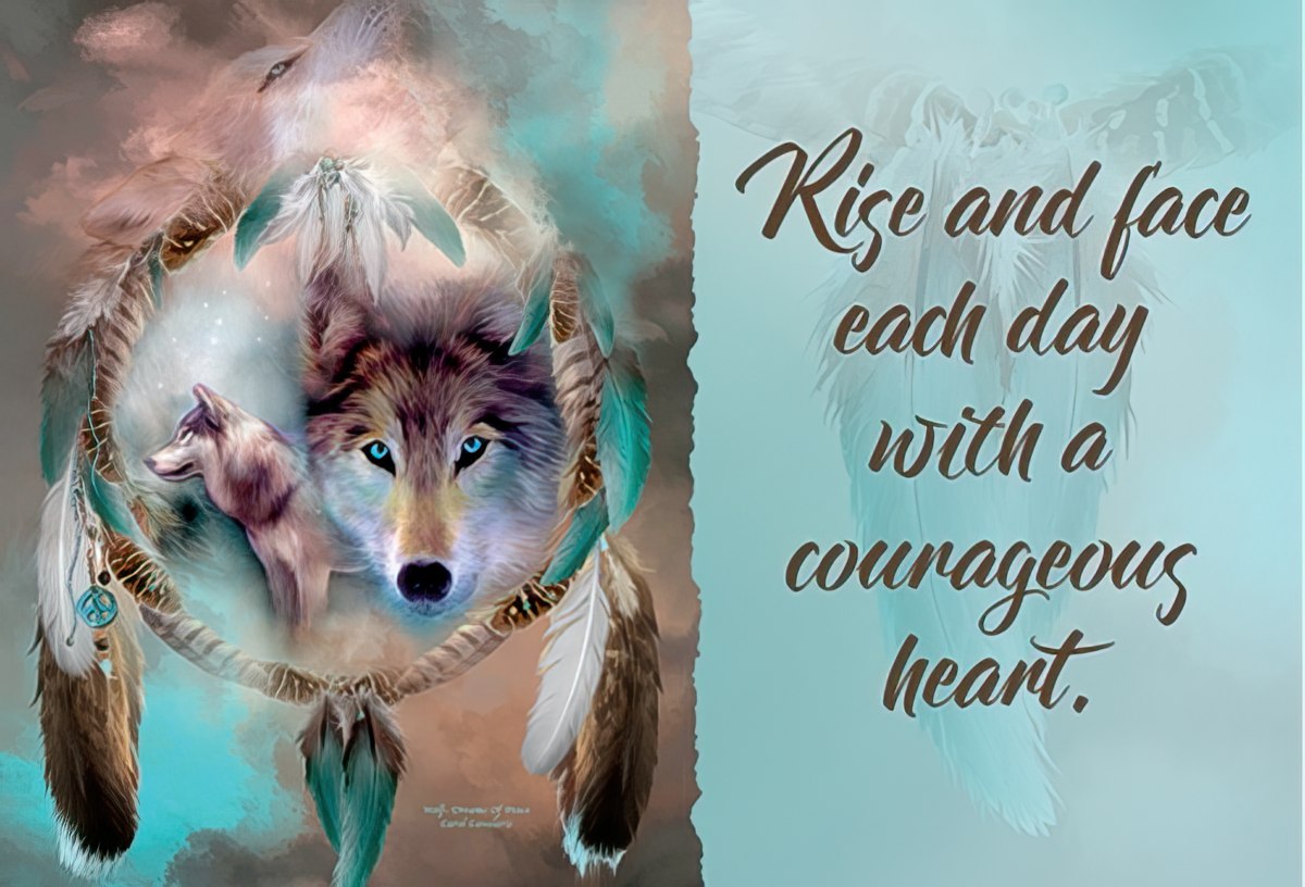 Dream catcher magnet with a blue-eyed wolf illustration and inspirational quote 'Rise and face each day with a courageous heart.'