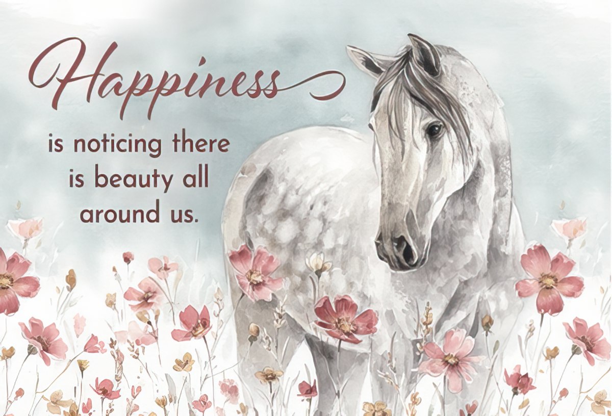 Watercolor illustration of a white horse standing in a vibrant field of pink and orange flowers, with an inspiring quote about happiness.