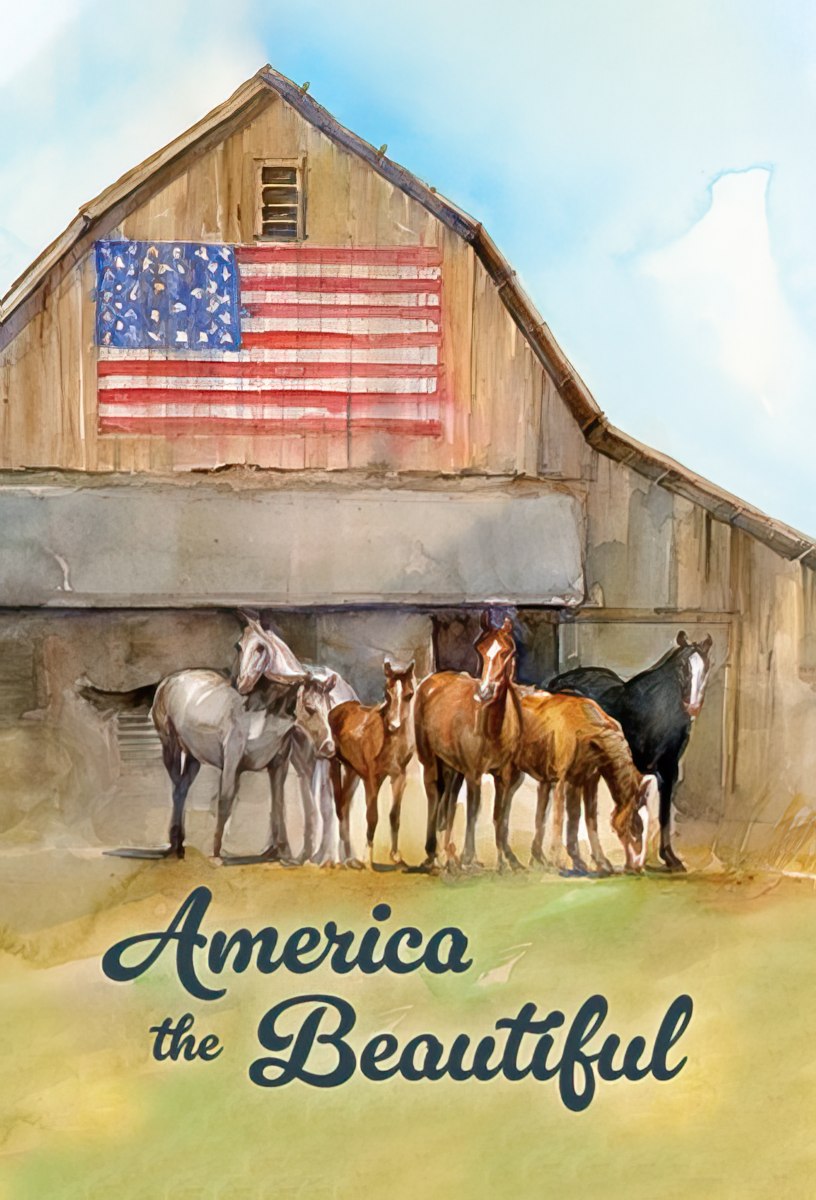 Watercolor painting of an American flag barn with horses and foals in a field under a blue sky, text 'America the Beautiful'.