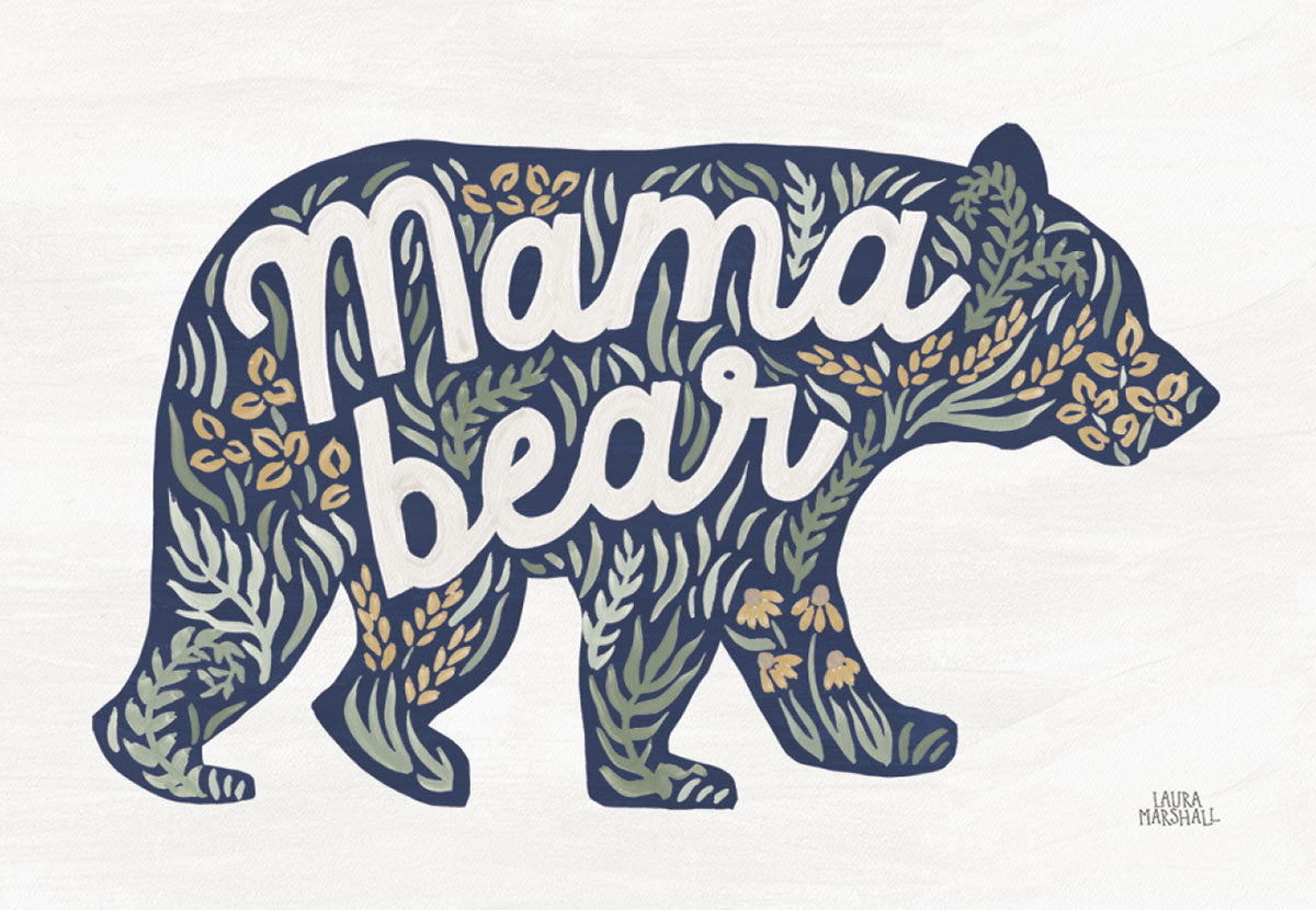 Decorative Mama Bear magnet with a dark blue bear silhouette filled with white 'Mama Bear' text and green, yellow, and gold floral patterns.