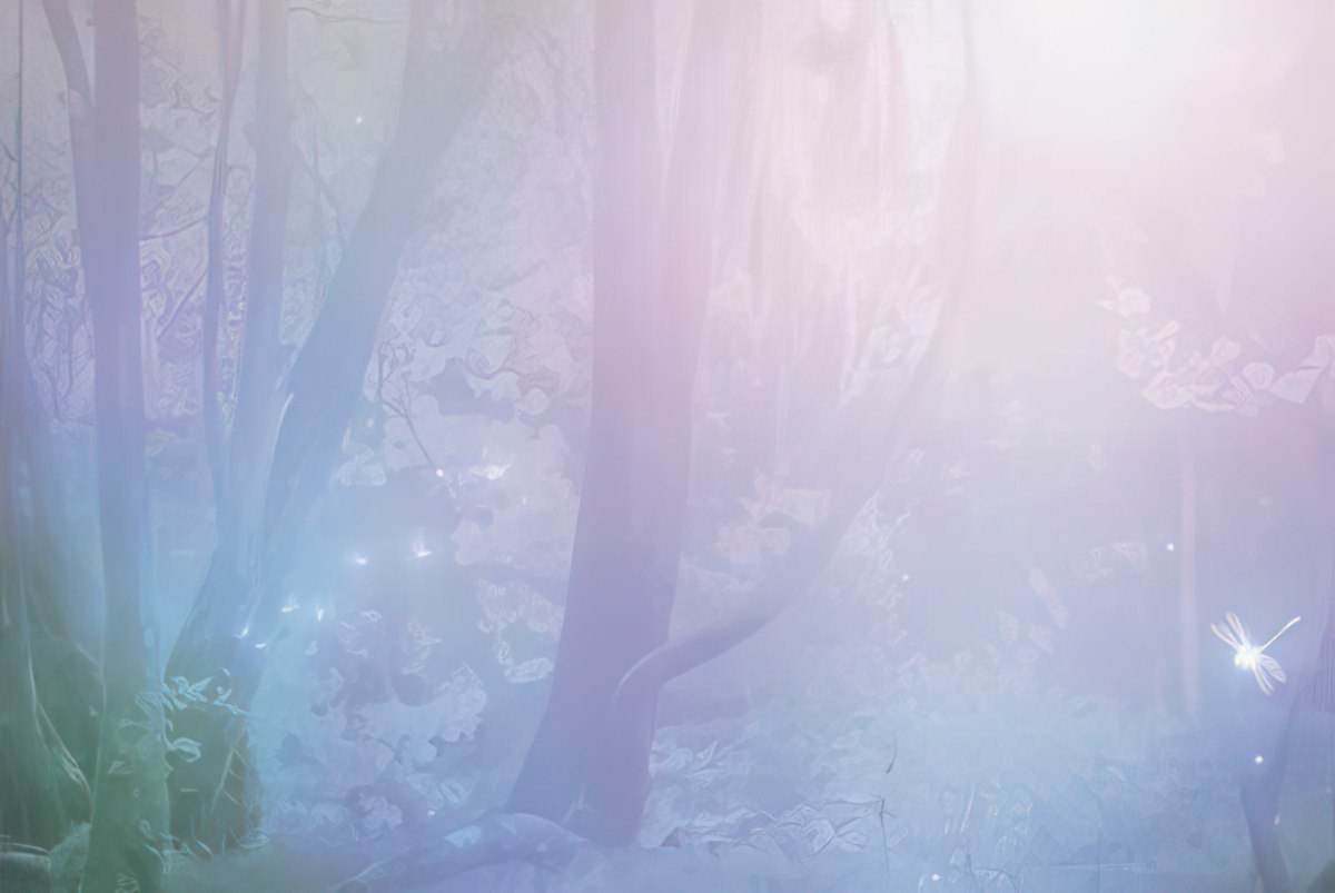Ethereal forest background in soft focus with subtle glowing lights and a tiny dragonfly, used for a mystical greeting card.