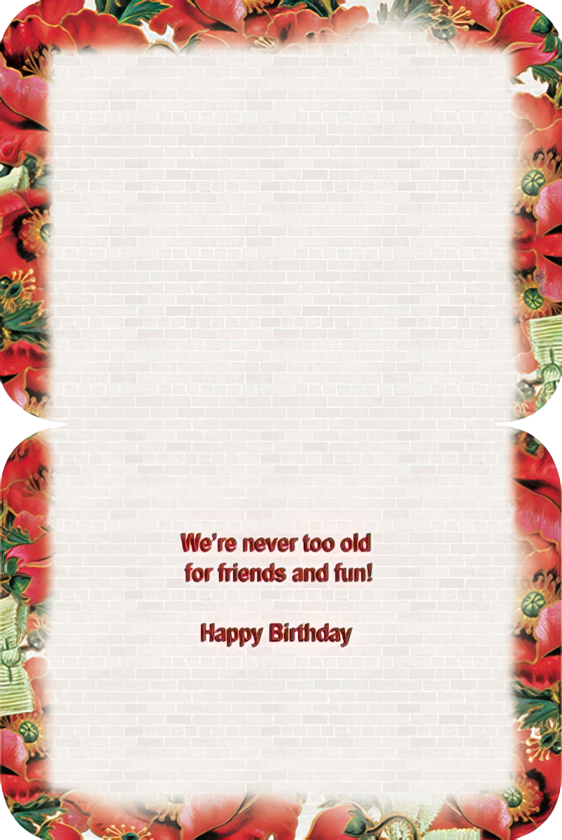Inside of a humorous birthday card with brick wall texture, text 'We're never too old for friends and fun! Happy Birthday'.