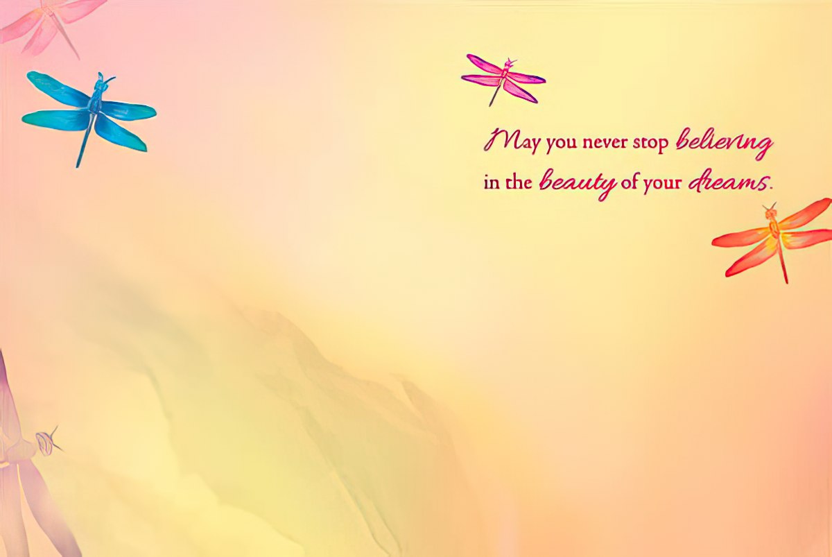 Interior of an encouraging greeting card with scattered pink and blue dragonflies on a soft, gradient background.