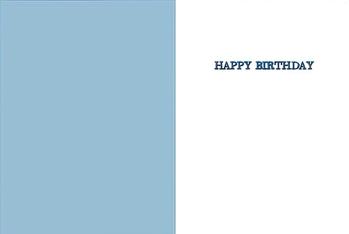 Inside of a greeting card showing a plain light blue left panel and 'HAPPY BIRTHDAY' text on the white right panel.