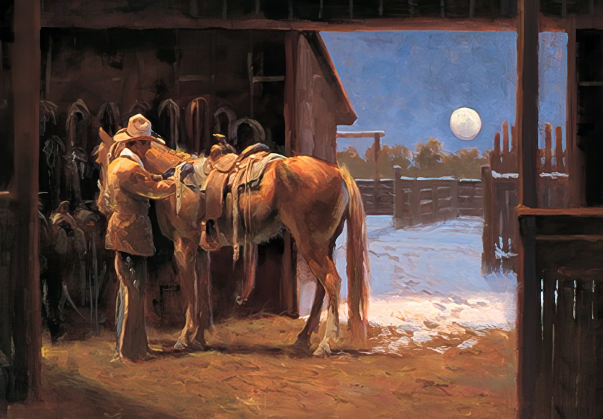 Cowboy tending to horse at night