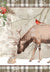 Deer and rabbit nose to nose and cardinal in winter scene with plaid border
