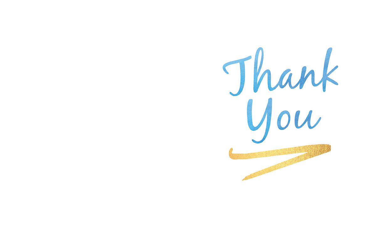 Inside of a white thank you card, simple and clean, with 'Thank You' in blue script and delicate gold foil lines.