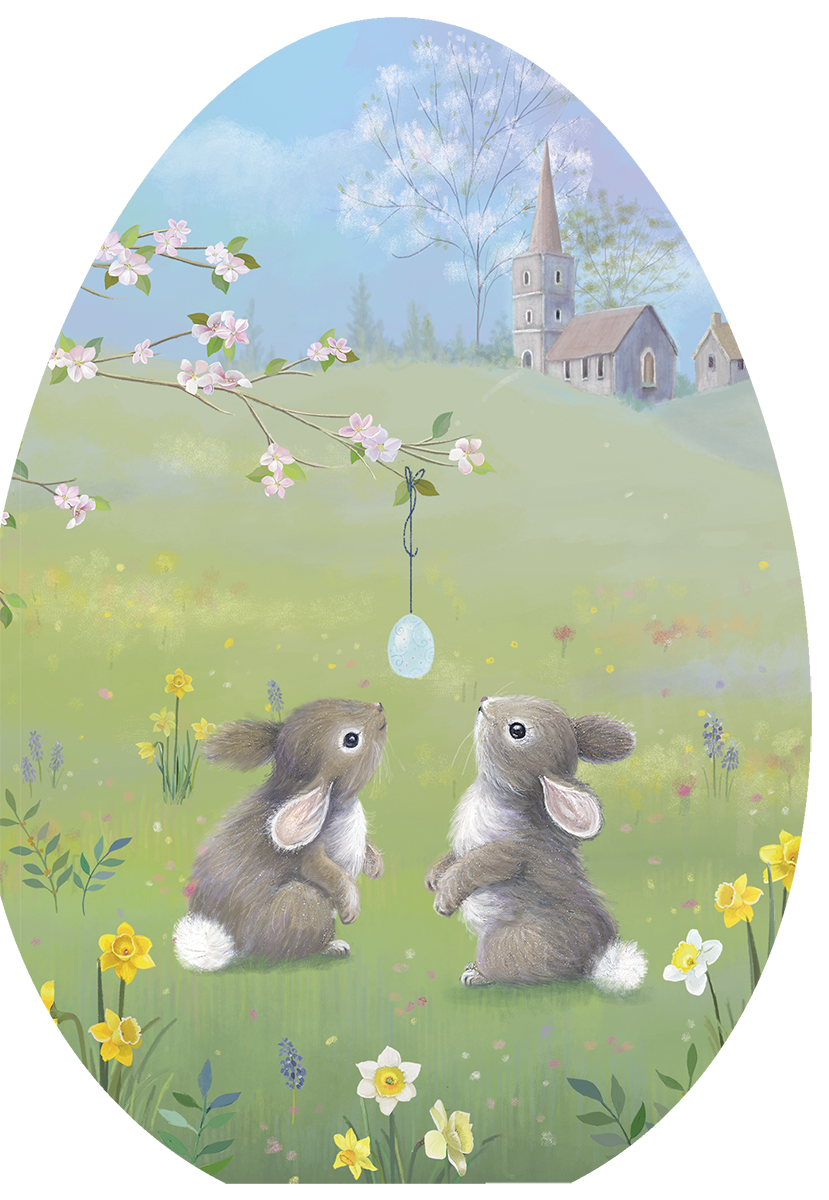 two bunny rabbits looking up at an easter egg hung from a tree branch