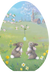 two bunny rabbits looking up at an easter egg hung from a tree branch