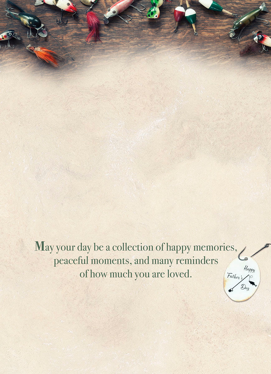 Inside of a Father's Day greeting card with a heartfelt message, blank space for personalization, and a small fishing tag accent.