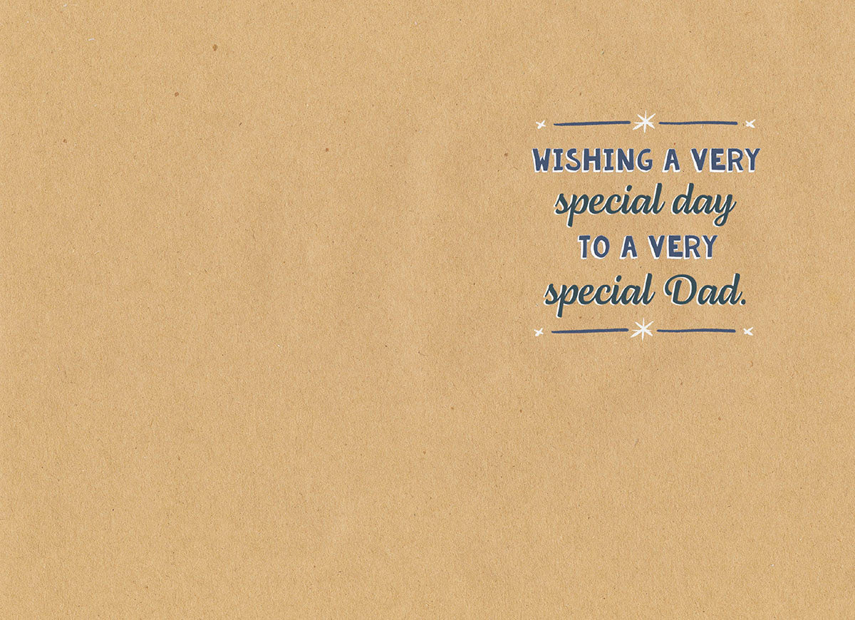 Inside of a kraft paper greeting card with the message 'WISHING A VERY special day TO A VERY special Dad.' in blue text.