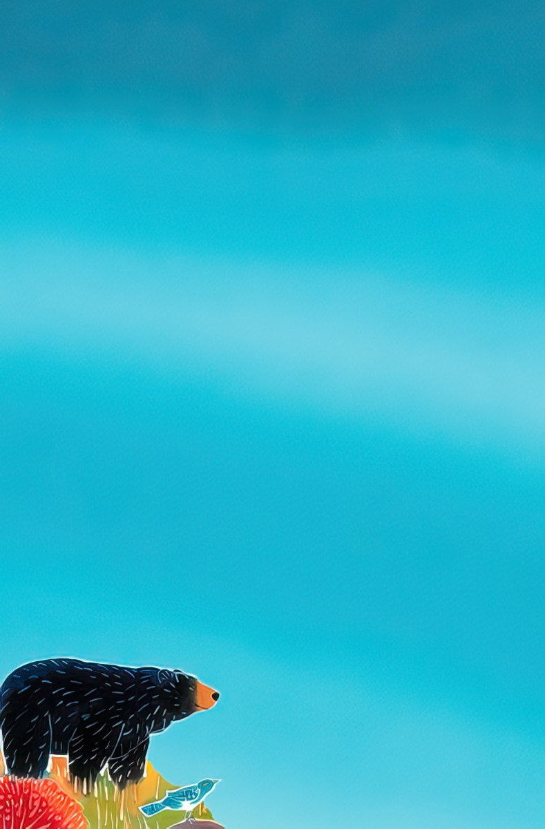 Inside of a note card showing a black bear's back and a blue bird against a plain light blue background.