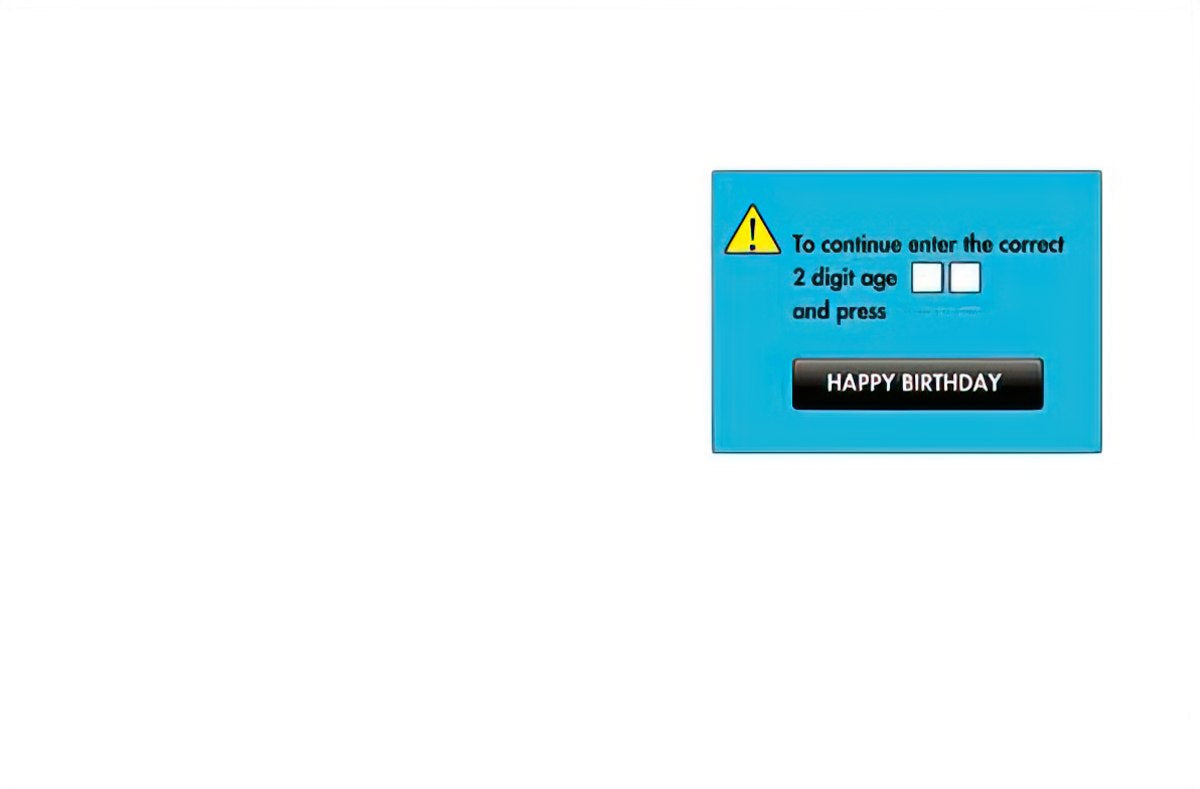 Inside a birthday card showing a blue digital-style prompt box with 'To continue enter the correct 2 digit age and press HAPPY BIRTHDAY'.