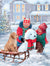 Two kids building a Dog Snowman with real dog on a sled