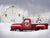 Winter scene with Red Truck White Barn and Christmas tree