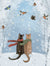 Rear view of two cats with scarves and birds flying overhead