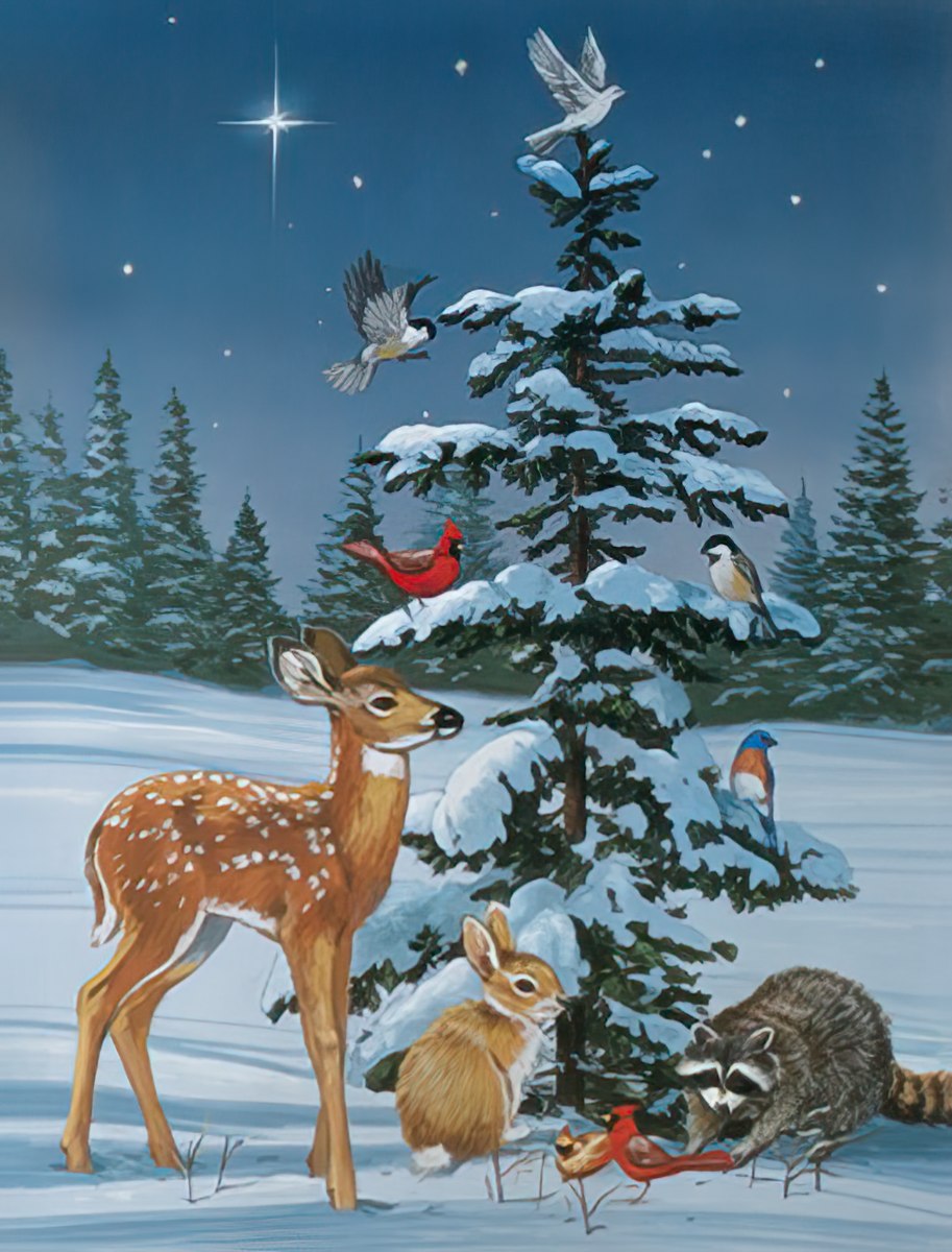Winter night scene of wildlife gathered around Christmas tree in forest
