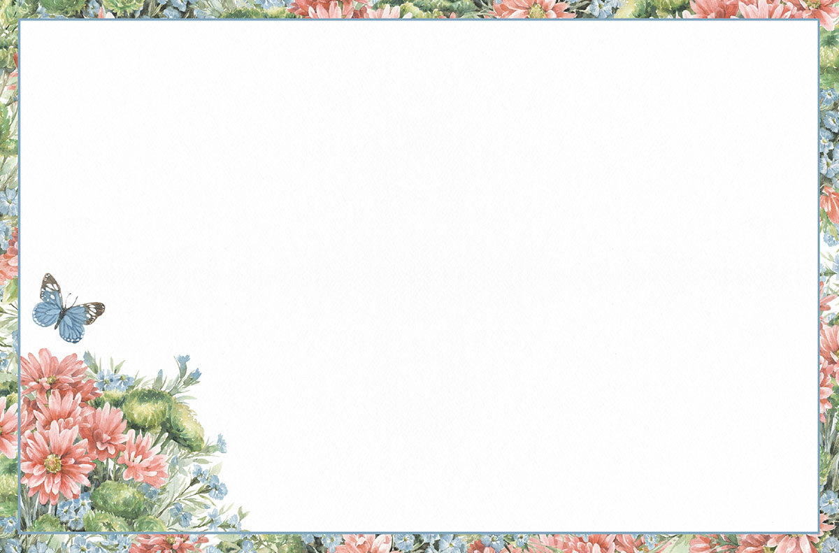 Blank inside of the 'Thanks A Bunch!' card, detailed with a beautiful border of pink and green wildflowers and a butterfly.