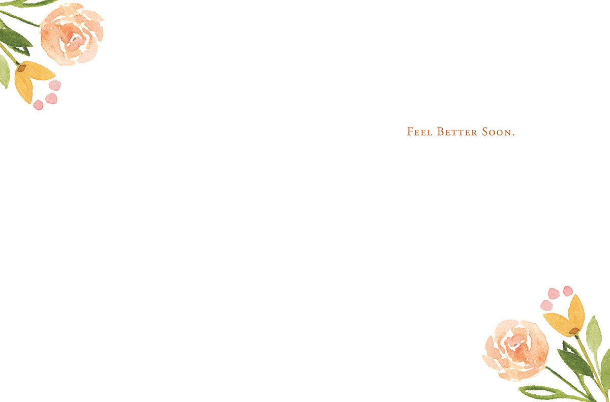 Inside of a watercolor sun and flower note card with "Feel Better Soon" and floral accents.