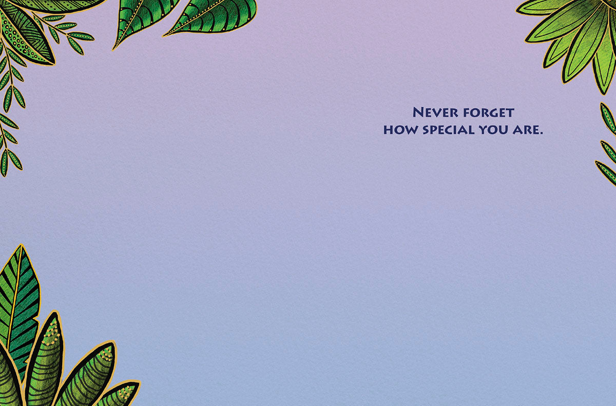 Interior of the elephant note card, lavender with green leaf accents, reading 'NEVER FORGET HOW SPECIAL YOU ARE.'.
