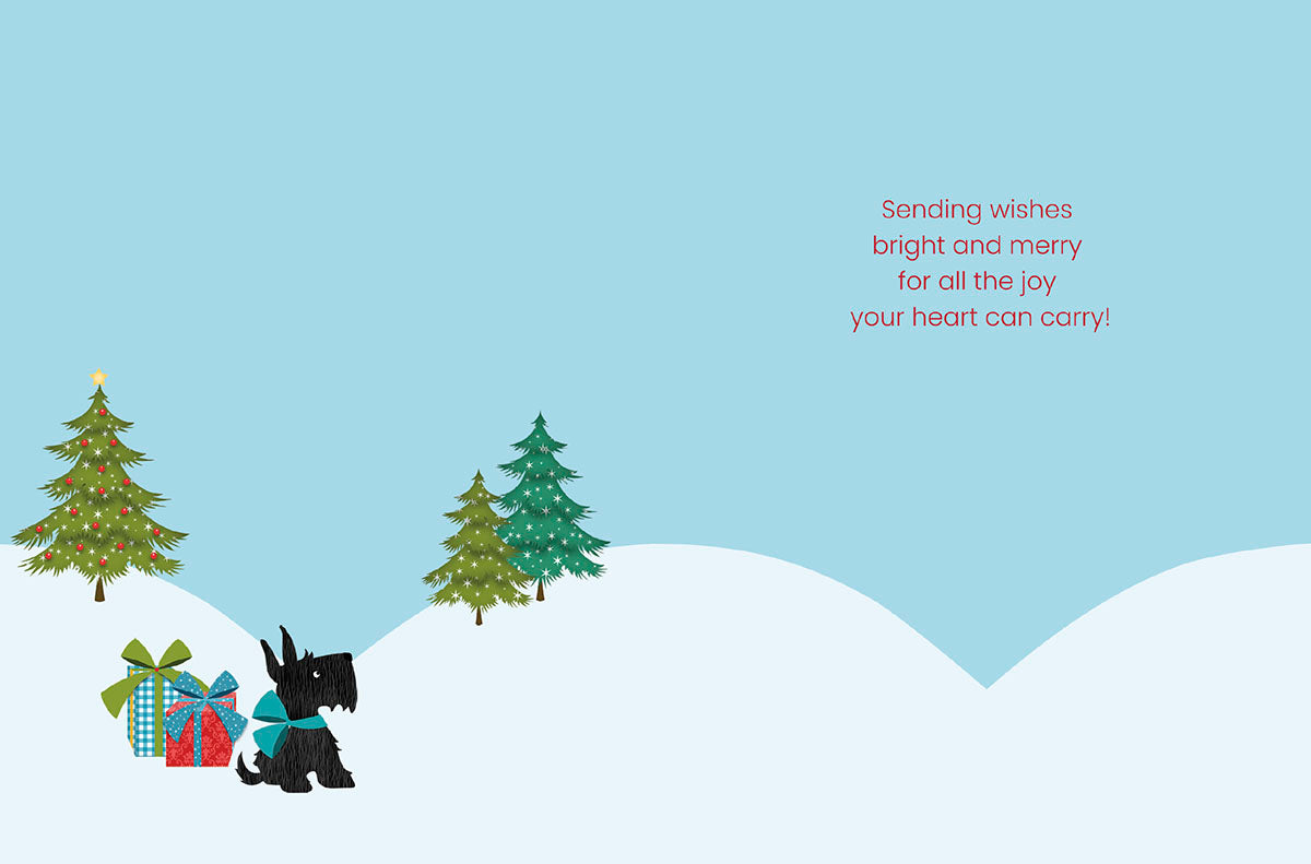 Inside of a Christmas card with a snow scene, presents, a Scottie dog, and a message 'Sending wishes bright and merry...'.
