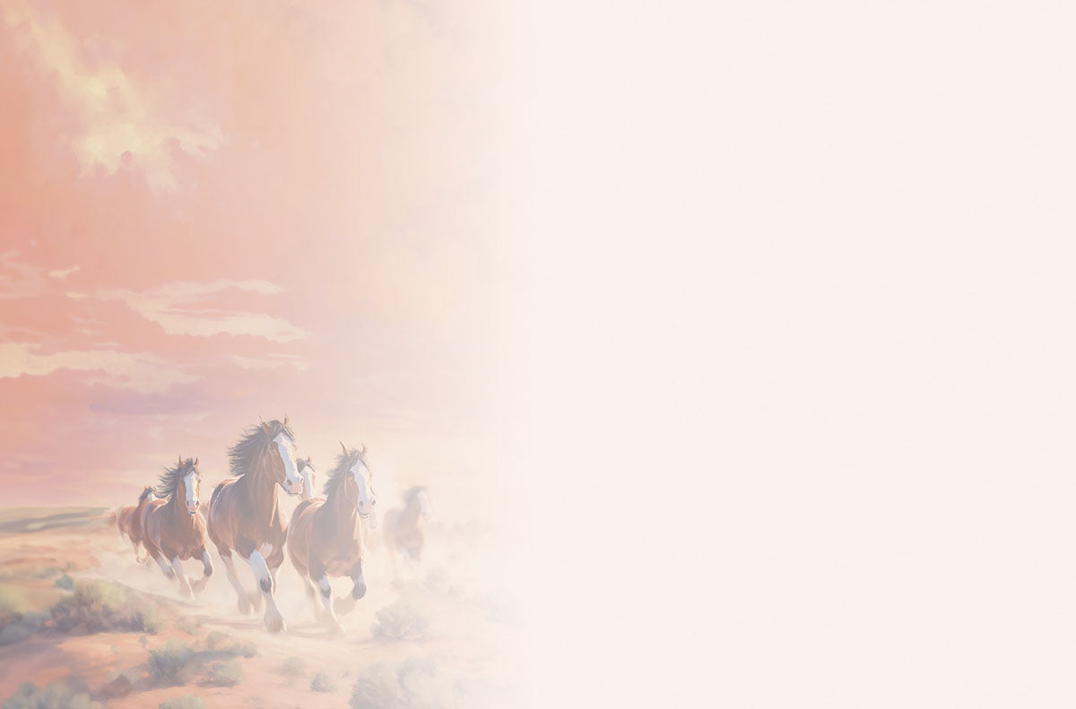 Inside of a blank greeting card, featuring a faded, subtle image of wild horses galloping on the left side.